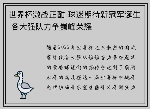 世界杯激战正酣 球迷期待新冠军诞生 各大强队力争巅峰荣耀